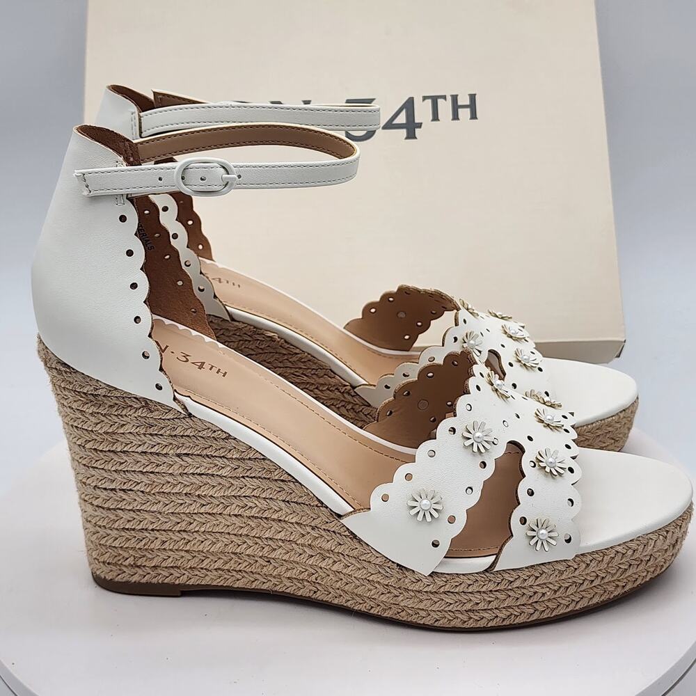 NEW - On 34th Theodore EP White Linen Floral Espadrille Wedge Sandals Size 8.5 M - Picture 3 of 10